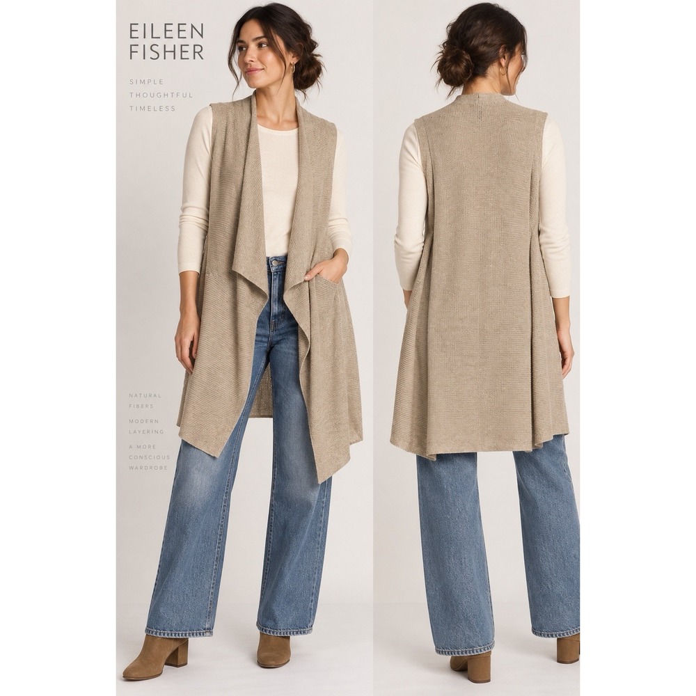 Eileen Fisher Med 100% Wool Italian Yarn Long Draped Open Front Vest Taupe